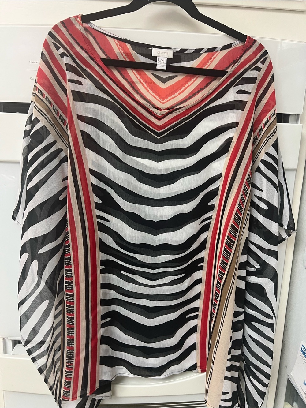 Chico’s Zebra Print Poncho Blouse L/XL Black White Red Sheer Overlay Top